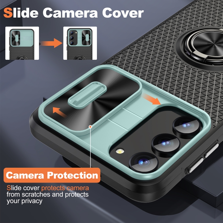 For Samsung Galaxy S23+ 5G Sliding Camshield Armor Phone Case with Ring Holder(Grey Green Black)