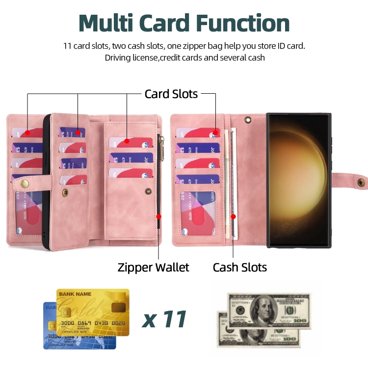 For Samsung Galaxy S23 Ultra 5G Zipper Wallet Magnetic Detachable Leather Phone Case(Pink)