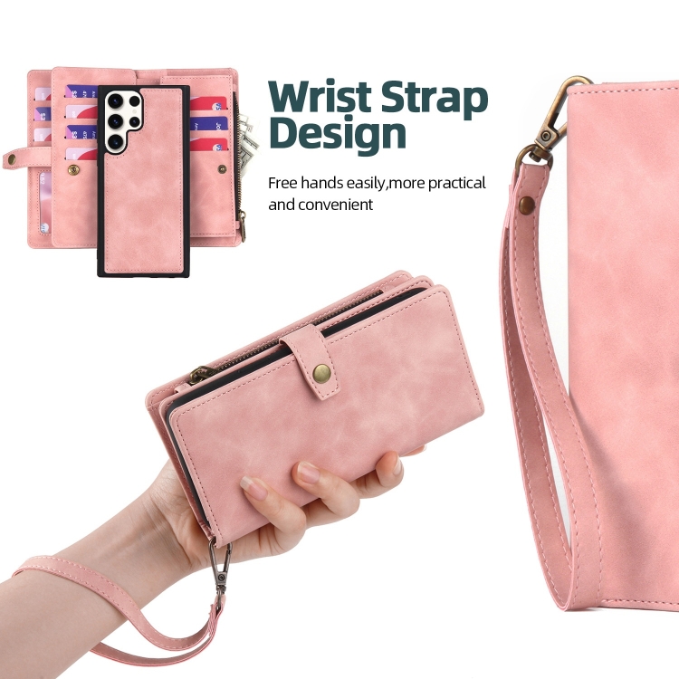 For Samsung Galaxy S23 Ultra 5G Zipper Wallet Magnetic Detachable Leather Phone Case(Pink)