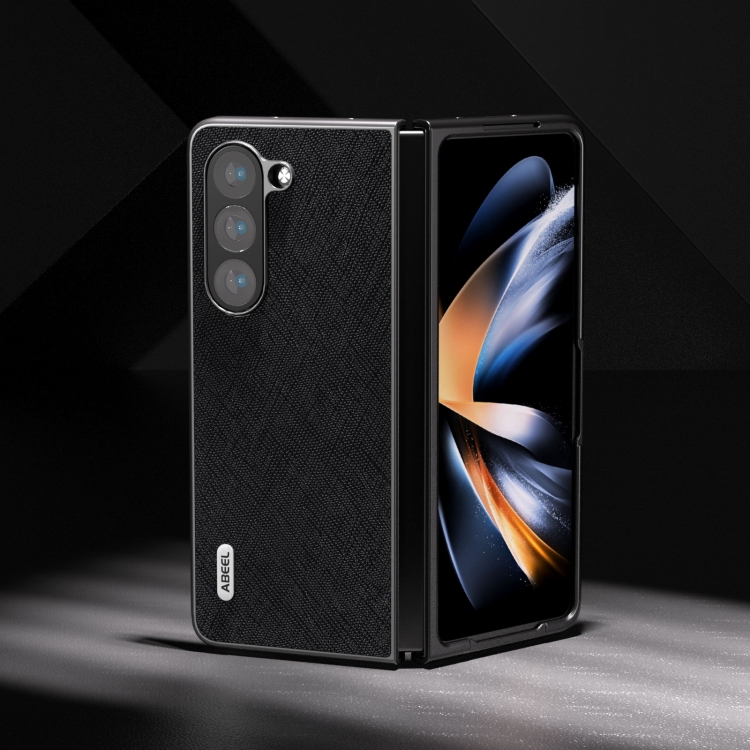 For Samsung Galaxy Z Fold5 ABEEL Cross Texture Genuine Leather Phone Case(Black) For Samsung Galaxy Z Fold5 ABEEL Cross Texture Genuine Leather Phone Case(Black)