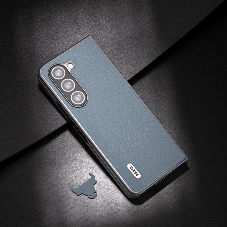 For Samsung Galaxy Z Fold5 ABEEL Black Edge Genuine Leather Mino Phone Case(Blue) For Samsung Galaxy Z Fold5 ABEEL Black Edge Genuine Leather Mino Phone Case(Blue)