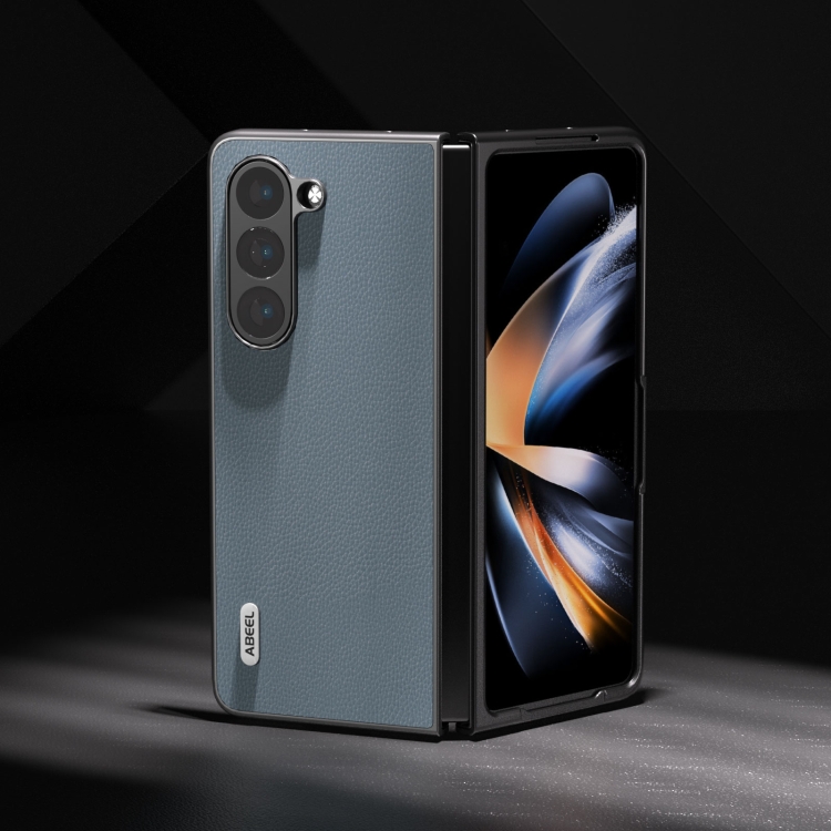 For Samsung Galaxy Z Fold5 ABEEL Black Edge Genuine Leather Mino Phone Case(Blue) For Samsung Galaxy Z Fold5 ABEEL Black Edge Genuine Leather Mino Phone Case(Blue)