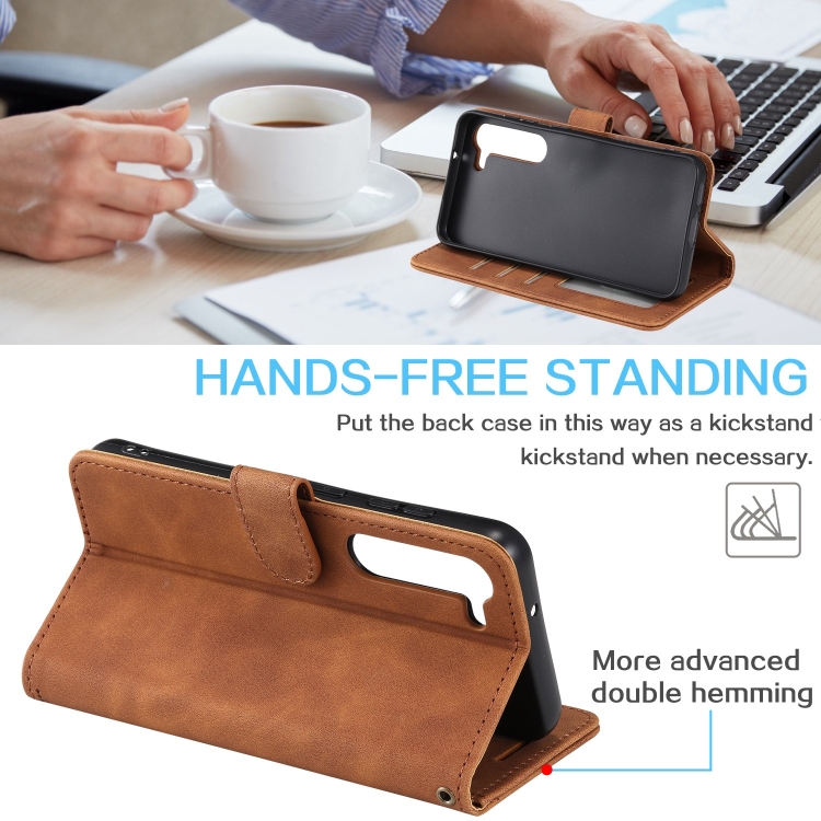 For Samsung Galaxy S23+ 5G Skin Feel RFID Blocking Leather Phone Case(Brown) For Samsung Galaxy S23+ 5G Skin Feel RFID Blocking Leather Phone Case(Brown)