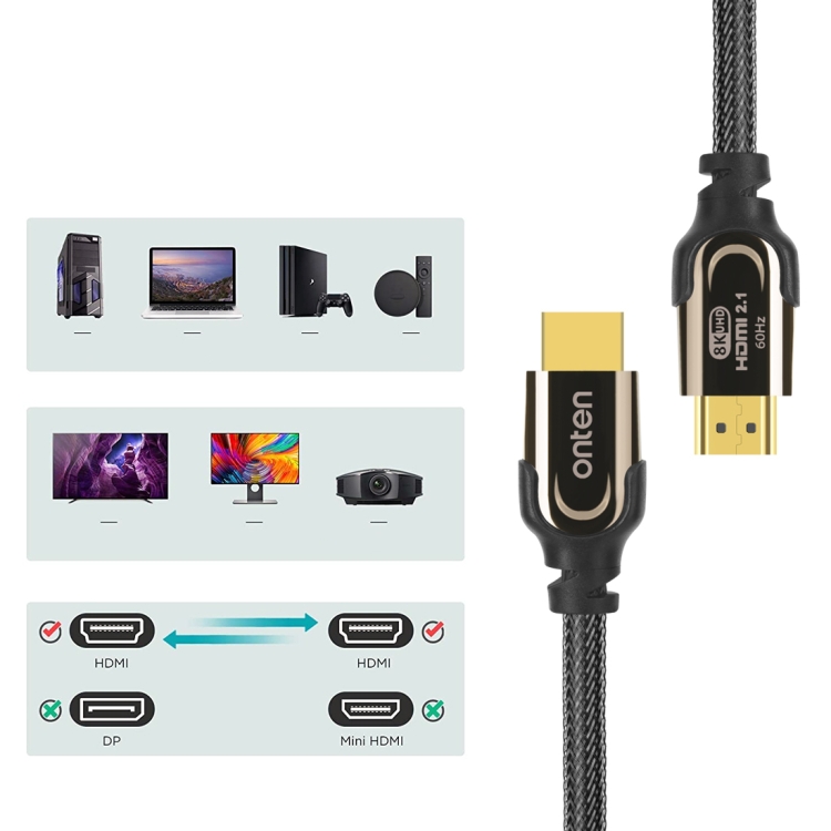 Onten HD180 HDMI 2.1 Version 8K HD Audio Cable, Length:3m(Black) - 3