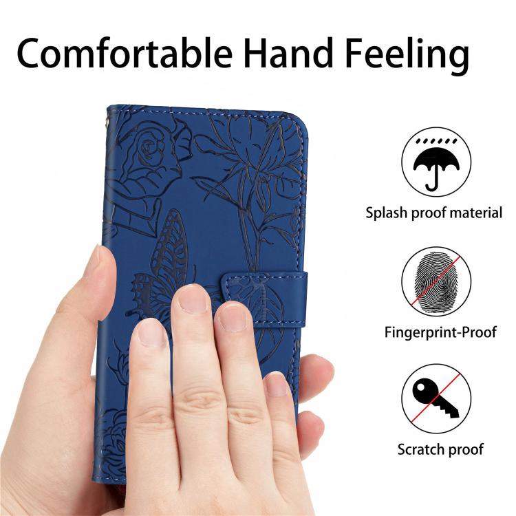 For OPPO Reno14 5G Global HT03 Skin Feel Butterfly Embossed Flip Leather Phone Case(Blue)