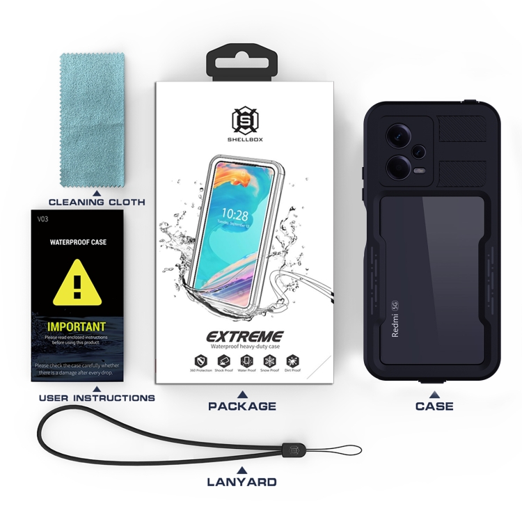 MX-Mi22-RMN125G | Xiaomi Redmi Note 12 5G Waterproof Case | IP68 shock &  water proof Cover w/ X-Mount & Carabiner