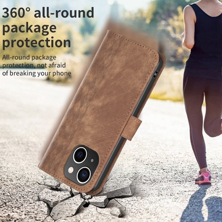 For iPhone 14 Plaid Embossed Leather Phone Case(Brown) - 5