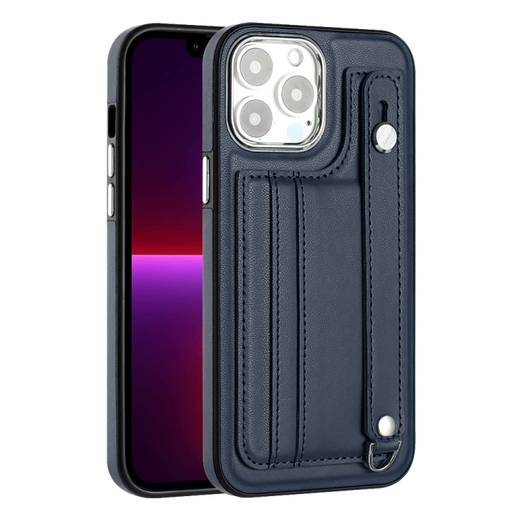 For iPhone 14 Pro Shockproof Leather Phone Case with Wrist Strap(Blue) For iPhone 14 Pro Shockproof Leather Phone Case with Wrist Strap(Blue)