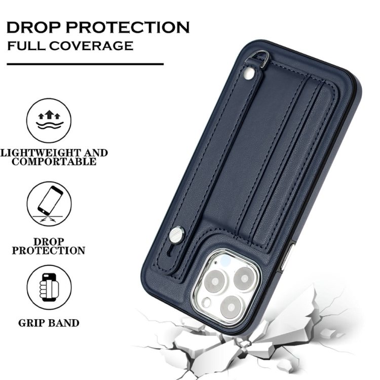 For iPhone 14 Pro Shockproof Leather Phone Case with Wrist Strap(Blue) For iPhone 14 Pro Shockproof Leather Phone Case with Wrist Strap(Blue)