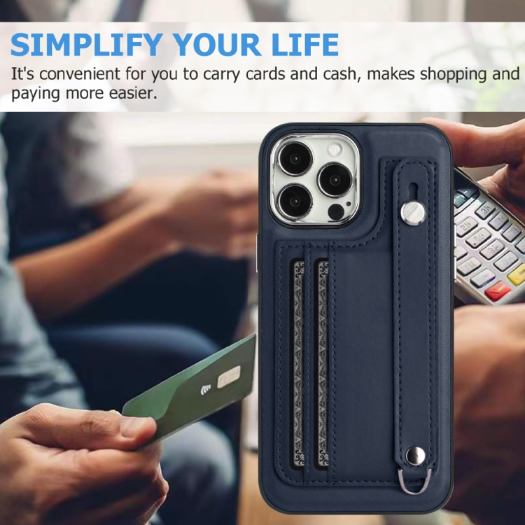 For iPhone 14 Pro Shockproof Leather Phone Case with Wrist Strap(Blue) For iPhone 14 Pro Shockproof Leather Phone Case with Wrist Strap(Blue)
