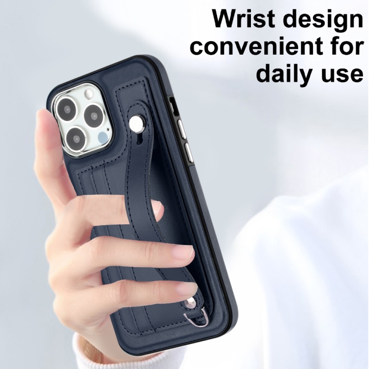 For iPhone 14 Pro Shockproof Leather Phone Case with Wrist Strap(Blue) For iPhone 14 Pro Shockproof Leather Phone Case with Wrist Strap(Blue)
