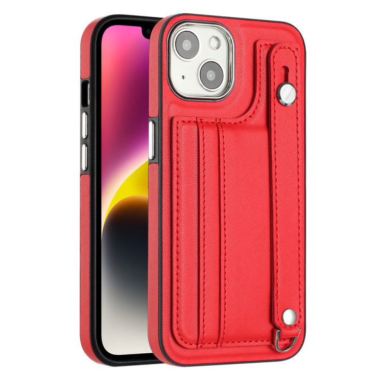 Pour iPhone 13 Étui de téléphone en cuir antichoc avec dragonne (rouge) - 1