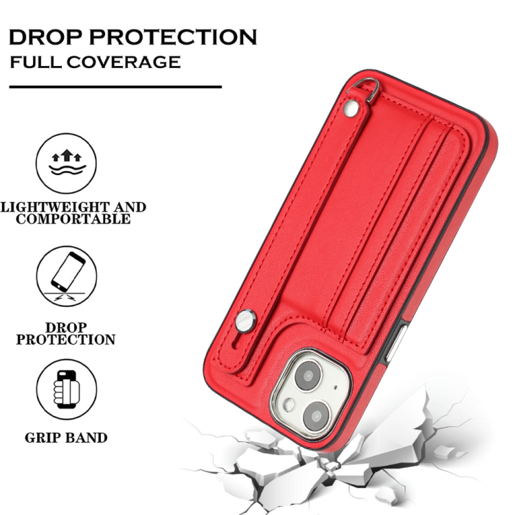 Pour iPhone 13 Étui de téléphone en cuir antichoc avec dragonne (rouge) - 2