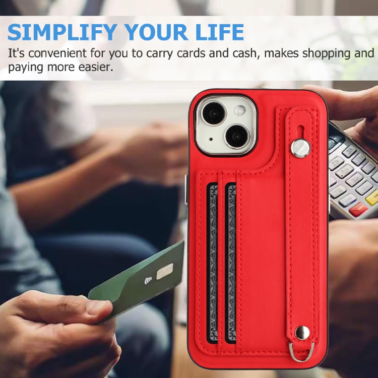Pour iPhone 13 Étui de téléphone en cuir antichoc avec dragonne (rouge) - 3