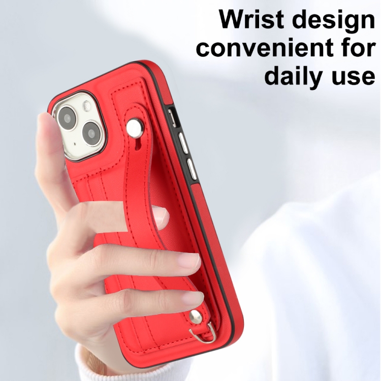 Pour iPhone 13 Étui de téléphone en cuir antichoc avec dragonne (rouge) - 4