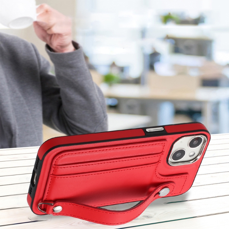 Pour iPhone 13 Étui de téléphone en cuir antichoc avec dragonne (rouge) - 5