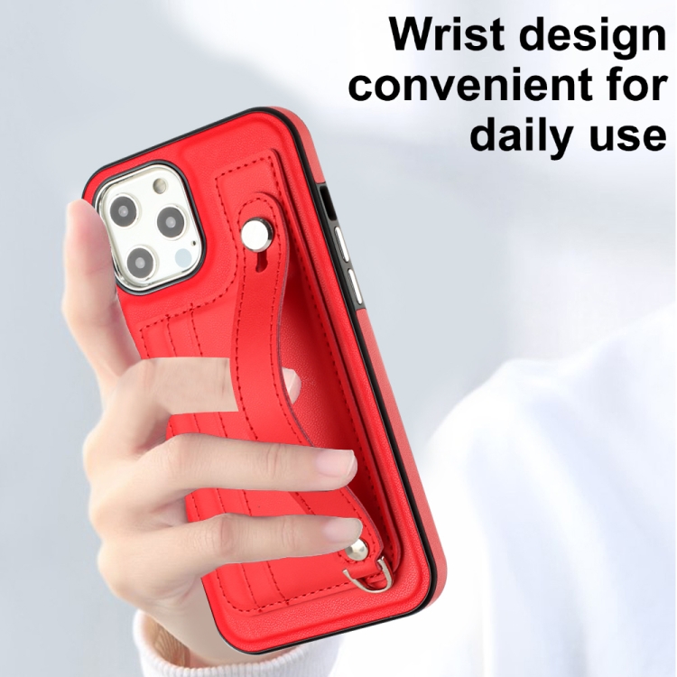 For iPhone 12 Pro Max Shockproof Leather Phone Case with Wrist Strap(Red) For iPhone 12 Pro Max Shockproof Leather Phone Case with Wrist Strap(Red)