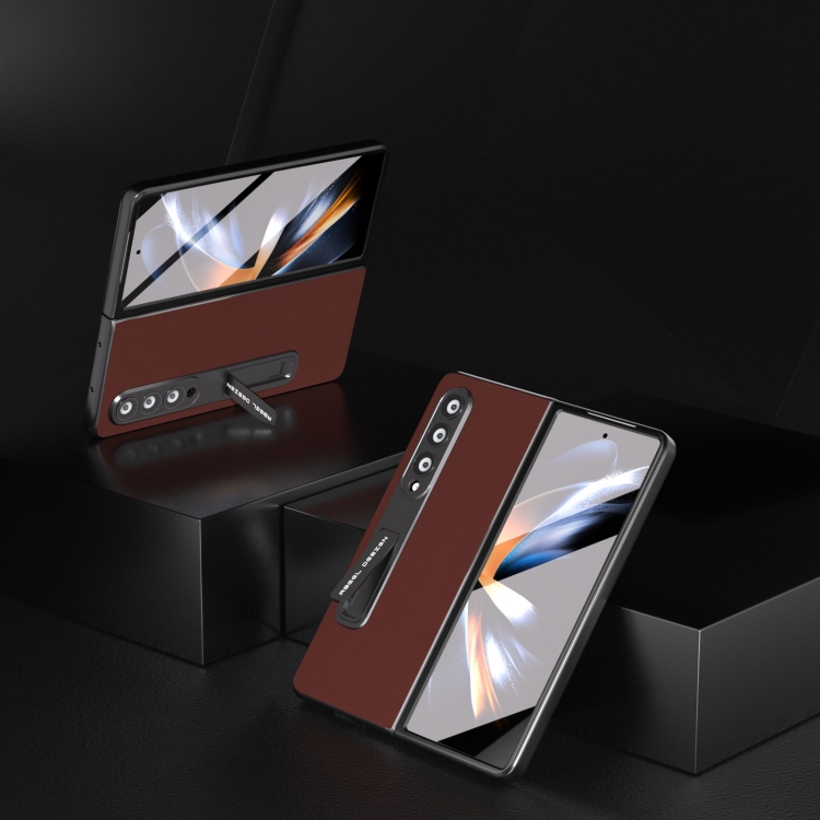 For Samsung Galaxy Z Fold4 5G Integrated Genuine Silky Soft ABEEL Black Edge Phone Case with Holder(Coffee) For Samsung Galaxy Z Fold4 5G Integrated Genuine Silky Soft ABEEL Black Edge Phone Case with Holder(Coffee)