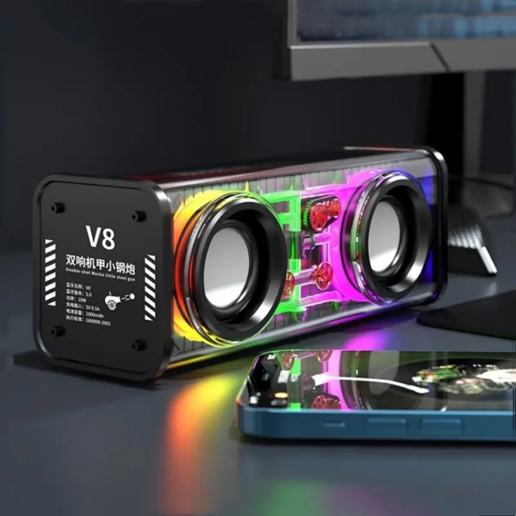 V8 Transparent Mechanical TWS Subwoofer Wireless Bluetooth Speaker(Black) V8 Transparent Mechanical TWS Subwoofer Wireless Bluetooth Speaker(Black)