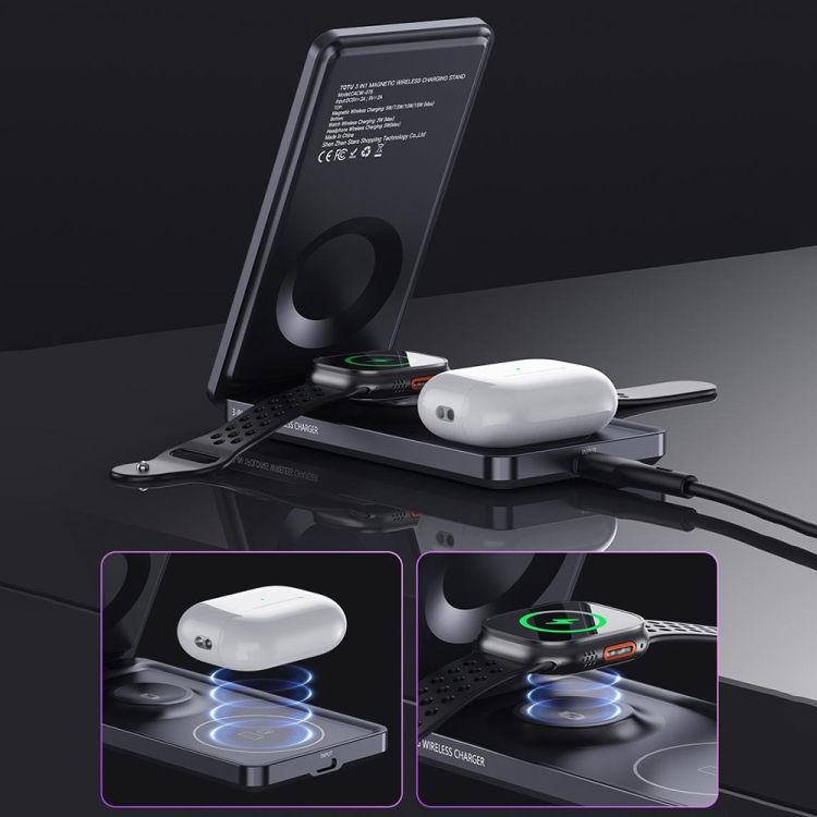 TOTU CACW-075 Mecha Series 3 in 1 Foldable Magnetic Wireless Charger(Grey) TOTU CACW-075 Mecha Series 3 in 1 Foldable Magnetic Wireless Charger(Grey)