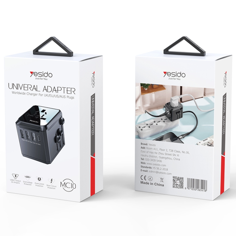 Yesido MC-10 3 USB + Type-C Ports Multi-function Universal Travel Adapter Plug(Black) - 1