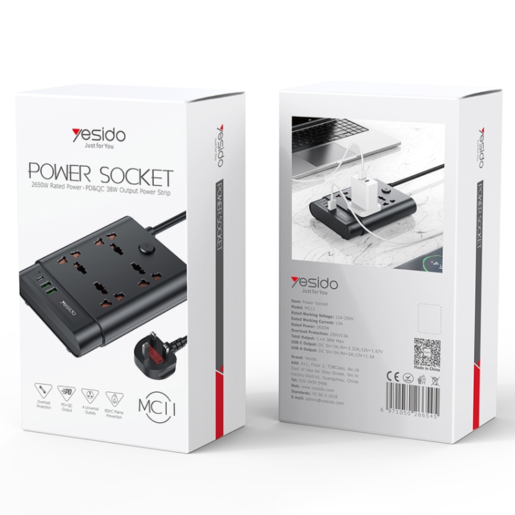 Yesido MC-11 4 Plugs + PD 20W+2 QC3.0 Ports 2650W Multi-functional High Power Socket(UK Plug) - 1