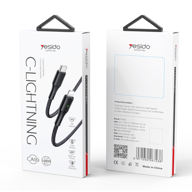 YESIDO CA99 20W USB-C / Type-C to 8 Pin Braided Charging Data Cable with Indicator Light, Length:1.2m(Black) YESIDO CA99 20W USB-C / Type-C to 8 Pin Braided Charging Data Cable with Indicator Light, Length:1.2m(Black)