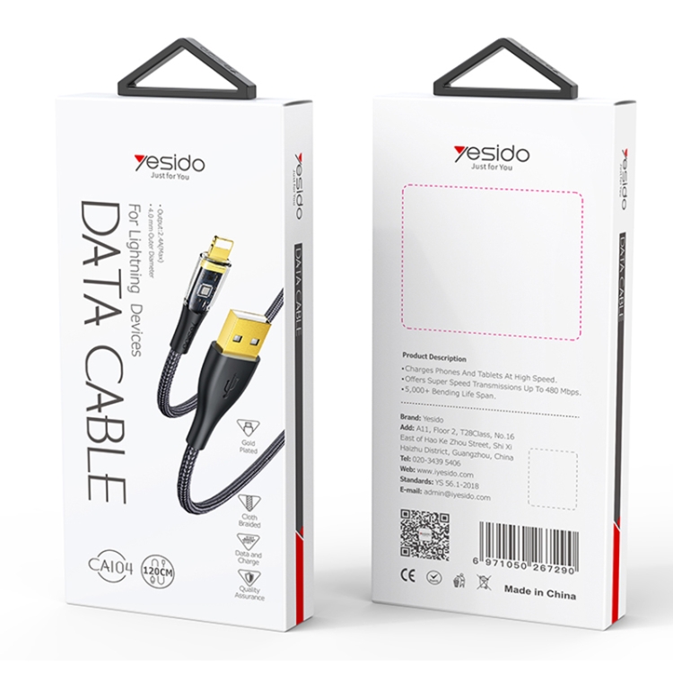 YESIDO CA104 2.4A USB to 8 Pin Transparent Charging Data Cable, Length:1.2m(Black) YESIDO CA104 2.4A USB to 8 Pin Transparent Charging Data Cable, Length:1.2m(Black)