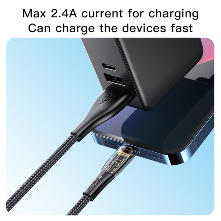 YESIDO CA104 2.4A USB to 8 Pin Transparent Charging Data Cable, Length:1.2m(Black) YESIDO CA104 2.4A USB to 8 Pin Transparent Charging Data Cable, Length:1.2m(Black)