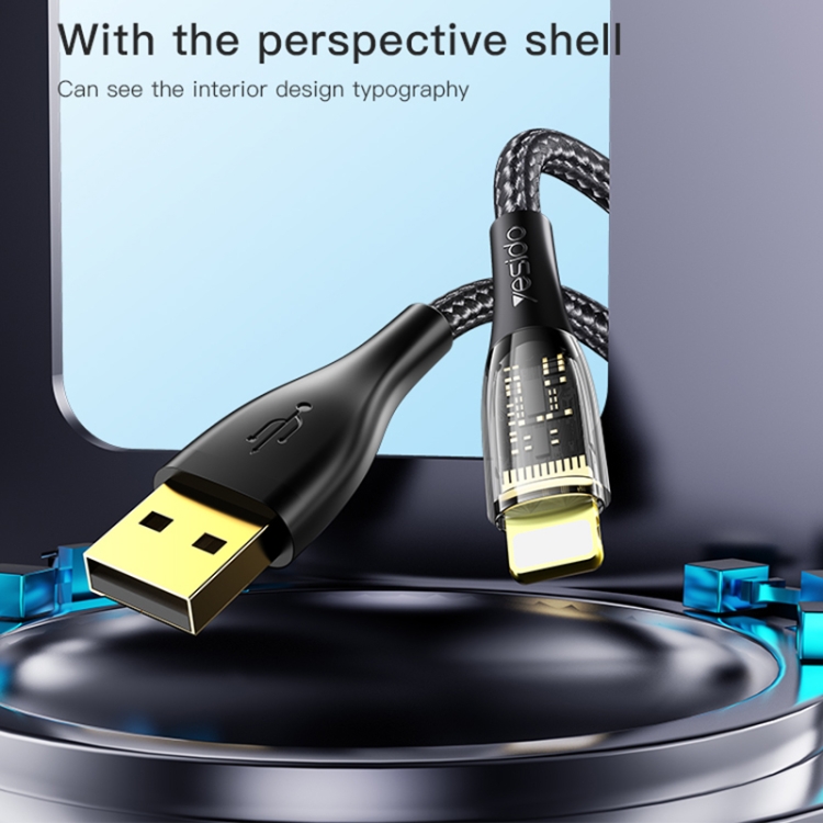 YESIDO CA104 2.4A USB to 8 Pin Transparent Charging Data Cable, Length:1.2m(Black) YESIDO CA104 2.4A USB to 8 Pin Transparent Charging Data Cable, Length:1.2m(Black)