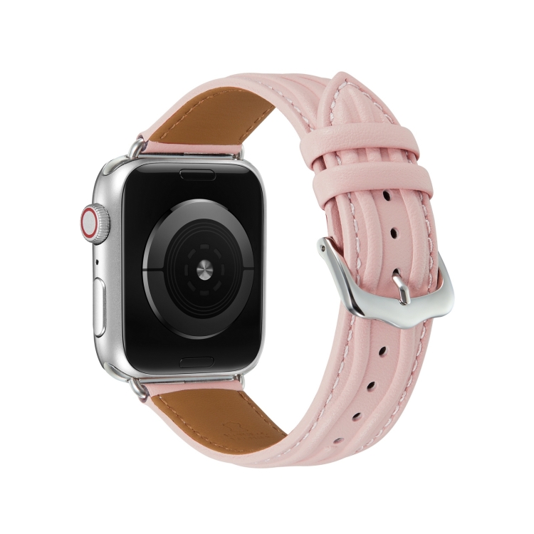 Embossed Line Genuine Leather Watch Band For Apple Watch SE 40mm(Pink)