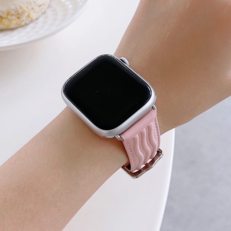 Embossed Line Genuine Leather Watch Band For Apple Watch SE 40mm(Pink)