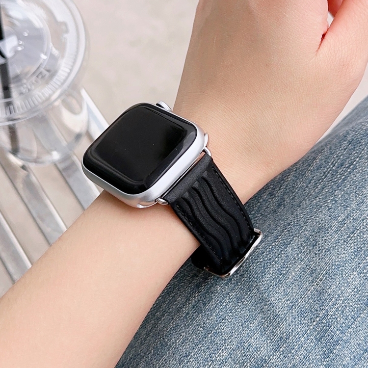 Embossed Line Genuine Leather Watch Band For Apple Watch 5 44mm(Black)