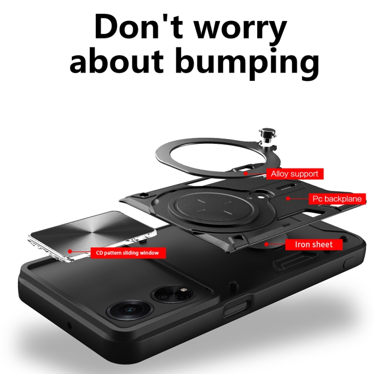 For OPPO F23 5G India / A98 5G / A1 5G CD Texture Sliding Camshield Magnetic Holder Phone Case(Black) - 1