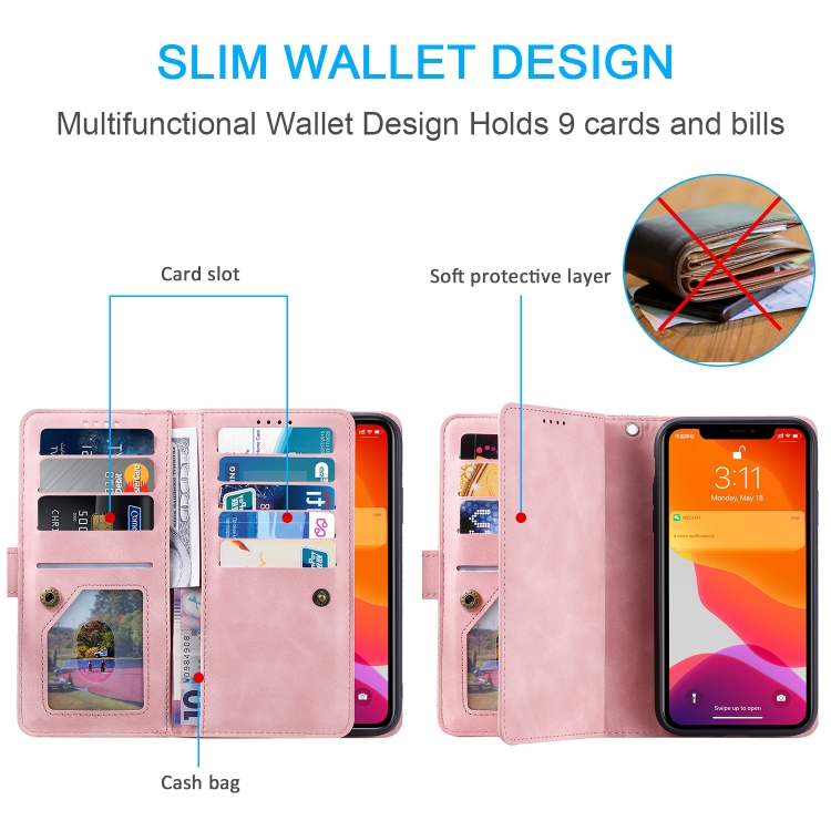 For iPhone 11 Pro Max Nine Card Zipper Bag Horizontal Flip Leather Case With Holder & Card Slots & Photo Frame & Wallet(Pink) - 7