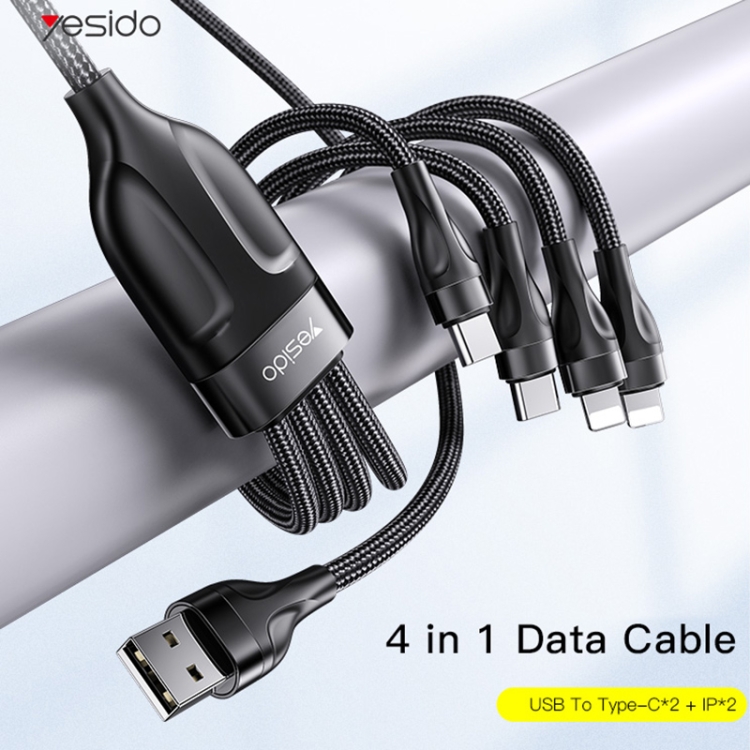 YESIDO CA111 1.2m 4A USB to Dual Type-C + Dual 8 Pin Charging Cable(Black) - 1