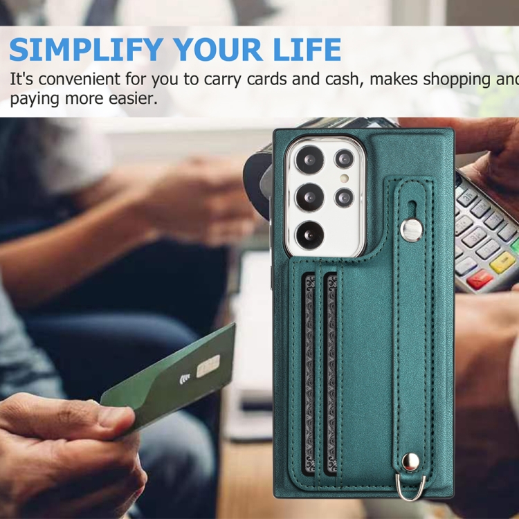 For Samsung Galaxy S23 Ultra Shockproof Leather Phone Case with Wrist Strap(Green)