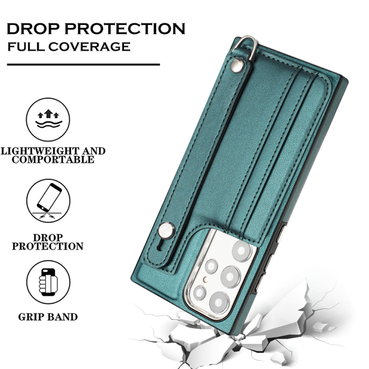 For Samsung Galaxy S23 Ultra Shockproof Leather Phone Case with Wrist Strap(Green)