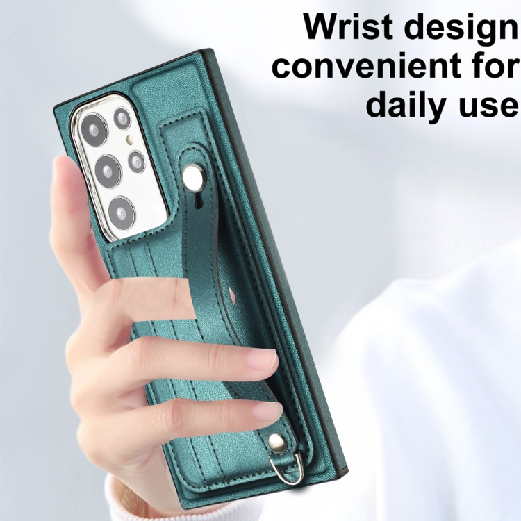 For Samsung Galaxy S23 Ultra Shockproof Leather Phone Case with Wrist Strap(Green)
