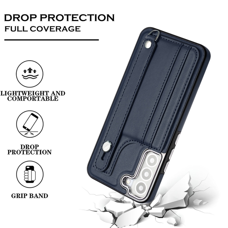 For Samsung Galaxy S23+ Shockproof Leather Phone Case with Wrist Strap(Blue) For Samsung Galaxy S23+ Shockproof Leather Phone Case with Wrist Strap(Blue)