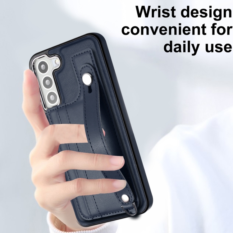 For Samsung Galaxy S23+ Shockproof Leather Phone Case with Wrist Strap(Blue) For Samsung Galaxy S23+ Shockproof Leather Phone Case with Wrist Strap(Blue)