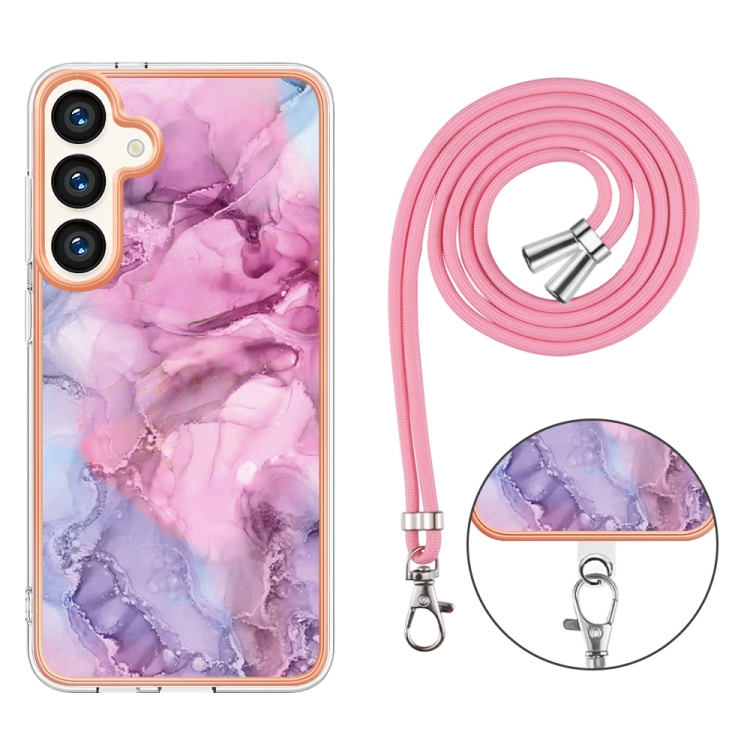 For Samsung Galaxy S24+ 5G Electroplating Marble Dual-side IMD Phone Case with Lanyard(Pink 013)