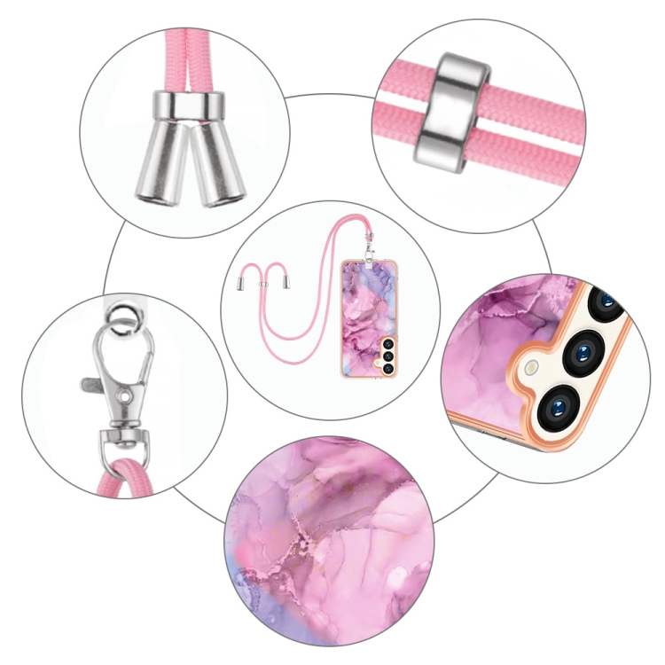 For Samsung Galaxy S24+ 5G Electroplating Marble Dual-side IMD Phone Case with Lanyard(Pink 013)