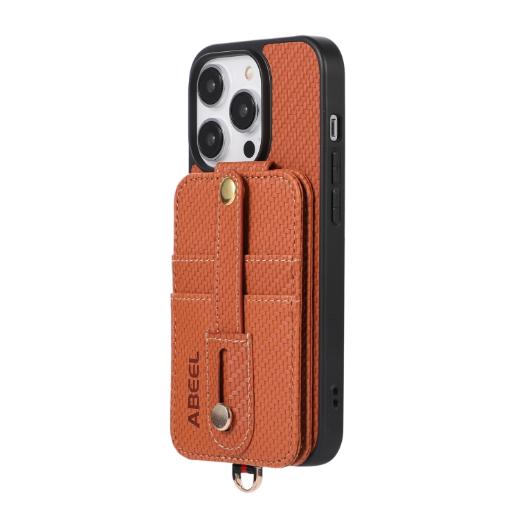 For iPhone 14 Pro ABEEL Carbon Fiber RFID Card Holder Phone Case(Brown) For iPhone 14 Pro ABEEL Carbon Fiber RFID Card Holder Phone Case(Brown)