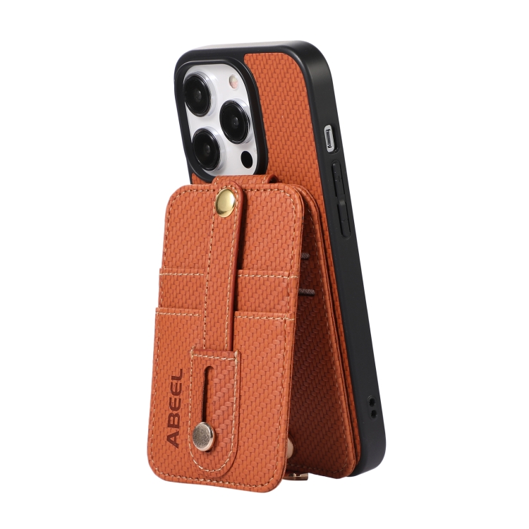For iPhone 14 Pro ABEEL Carbon Fiber RFID Card Holder Phone Case(Brown) For iPhone 14 Pro ABEEL Carbon Fiber RFID Card Holder Phone Case(Brown)