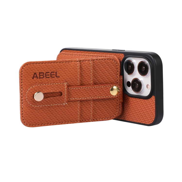 For iPhone 14 Pro ABEEL Carbon Fiber RFID Card Holder Phone Case(Brown) For iPhone 14 Pro ABEEL Carbon Fiber RFID Card Holder Phone Case(Brown)