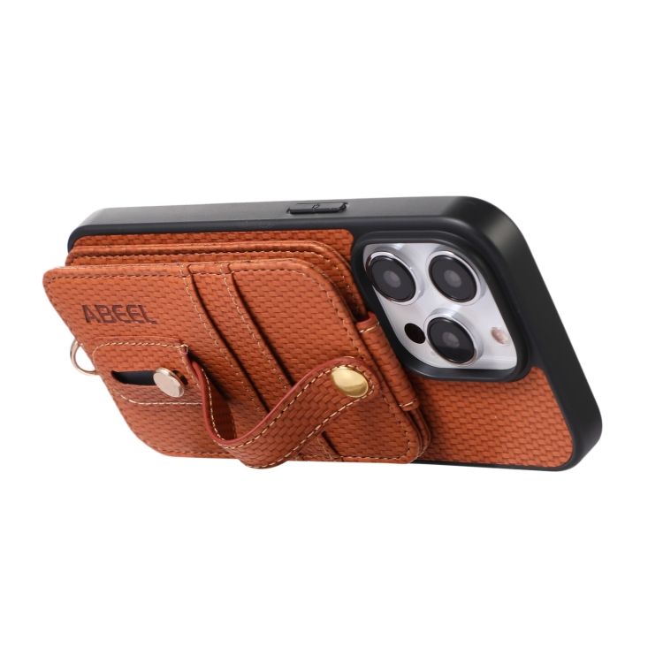 For iPhone 14 Pro ABEEL Carbon Fiber RFID Card Holder Phone Case(Brown) For iPhone 14 Pro ABEEL Carbon Fiber RFID Card Holder Phone Case(Brown)