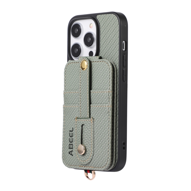 For iPhone 15 Pro ABEEL Carbon Fiber RFID Card Holder Phone Case(Green) For iPhone 15 Pro ABEEL Carbon Fiber RFID Card Holder Phone Case(Green)