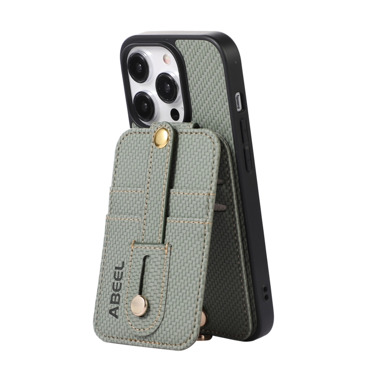 For iPhone 15 Pro ABEEL Carbon Fiber RFID Card Holder Phone Case(Green) For iPhone 15 Pro ABEEL Carbon Fiber RFID Card Holder Phone Case(Green)