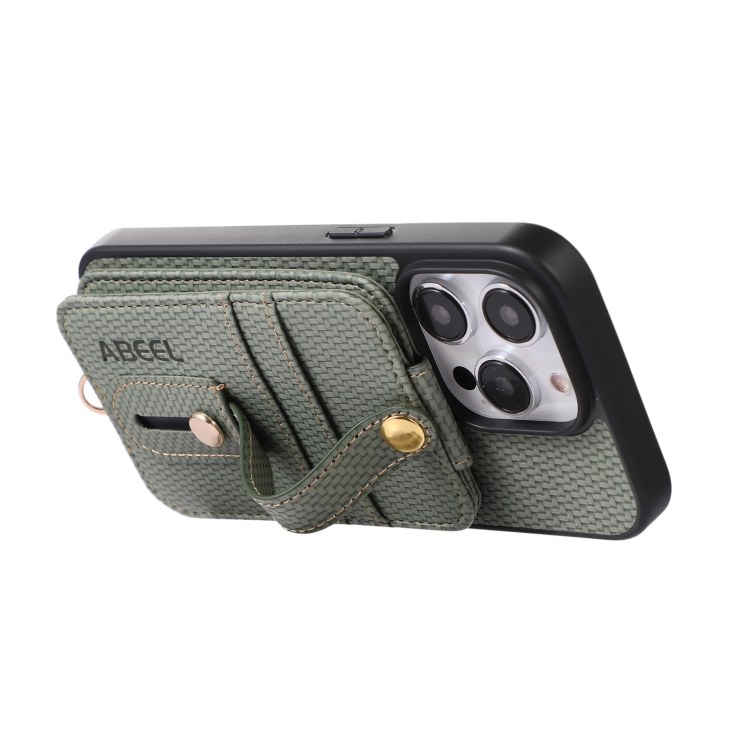 For iPhone 15 Pro ABEEL Carbon Fiber RFID Card Holder Phone Case(Green) For iPhone 15 Pro ABEEL Carbon Fiber RFID Card Holder Phone Case(Green)